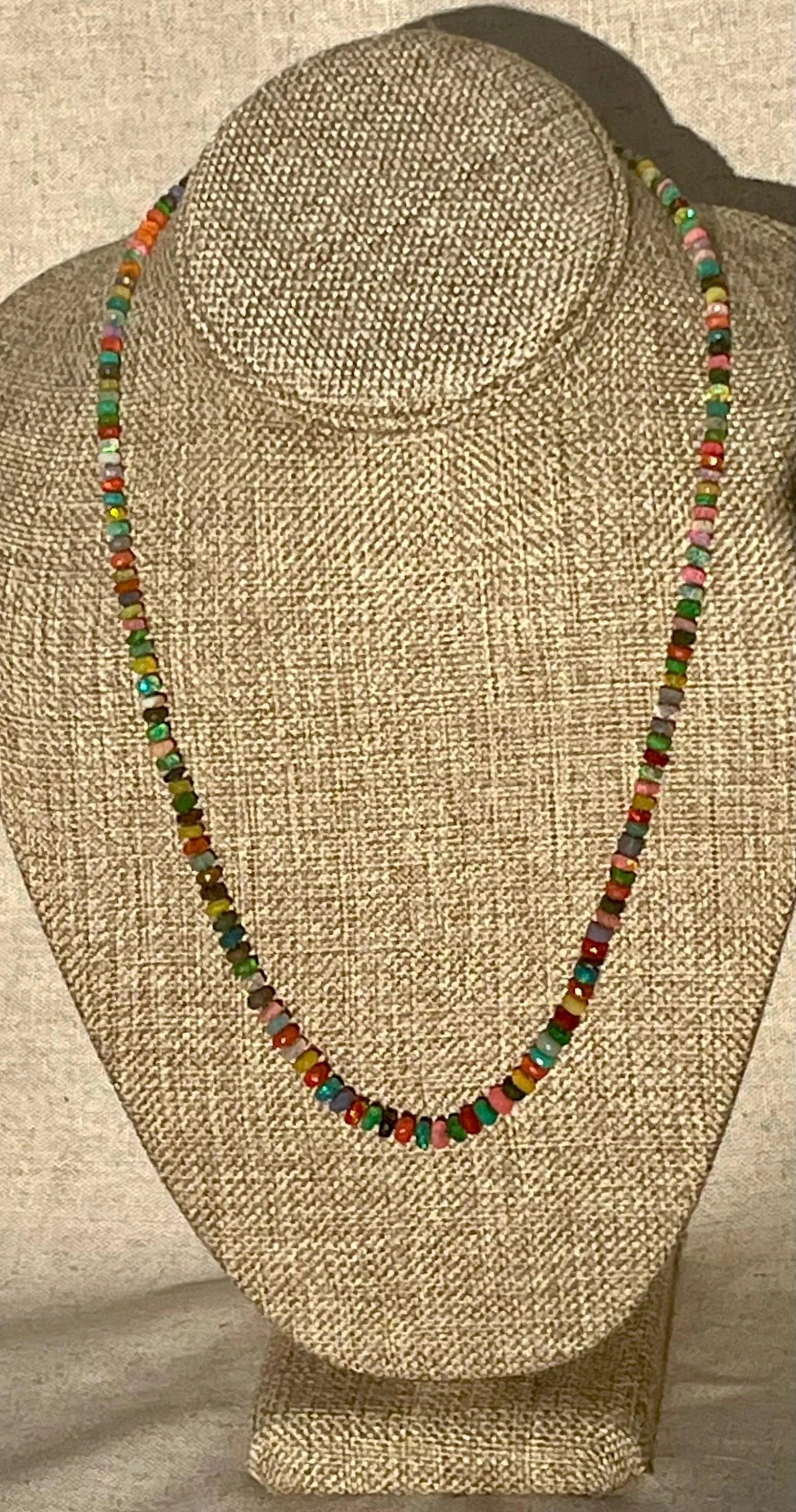 Rainbow multi opal gemstone necklace hand knotted with silk 14K yellow gold clasp