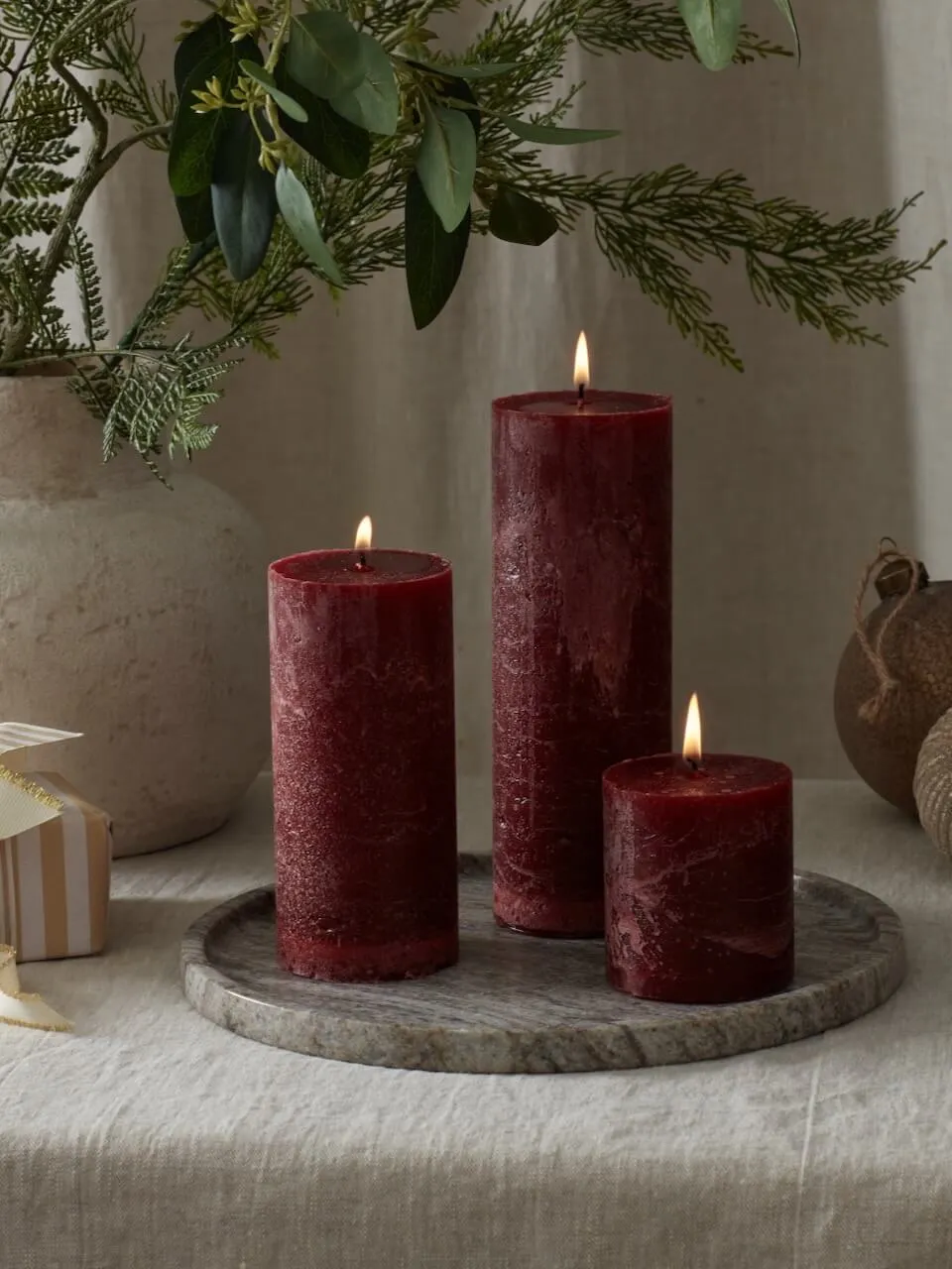 Set of 2 Rustic Burgundy Pillar Candles