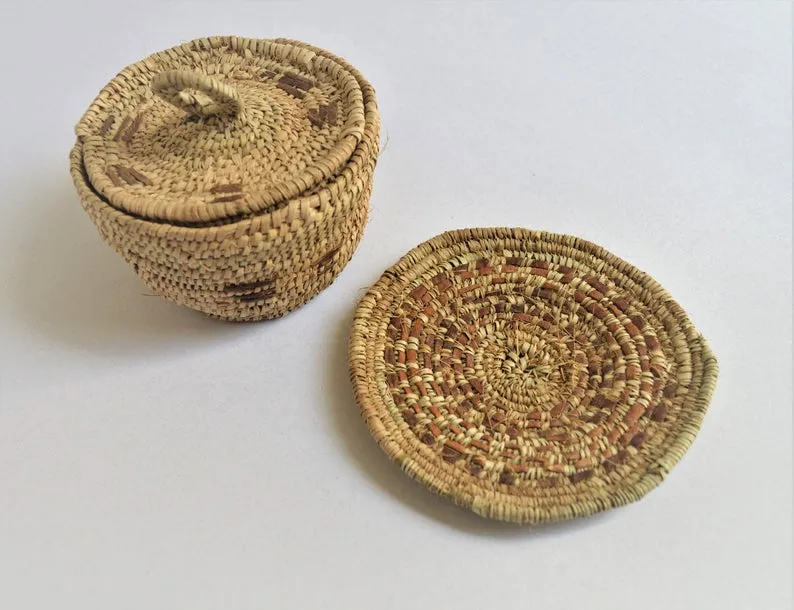 Shalateen woven box and a plate - Natural palm leaf and leather product