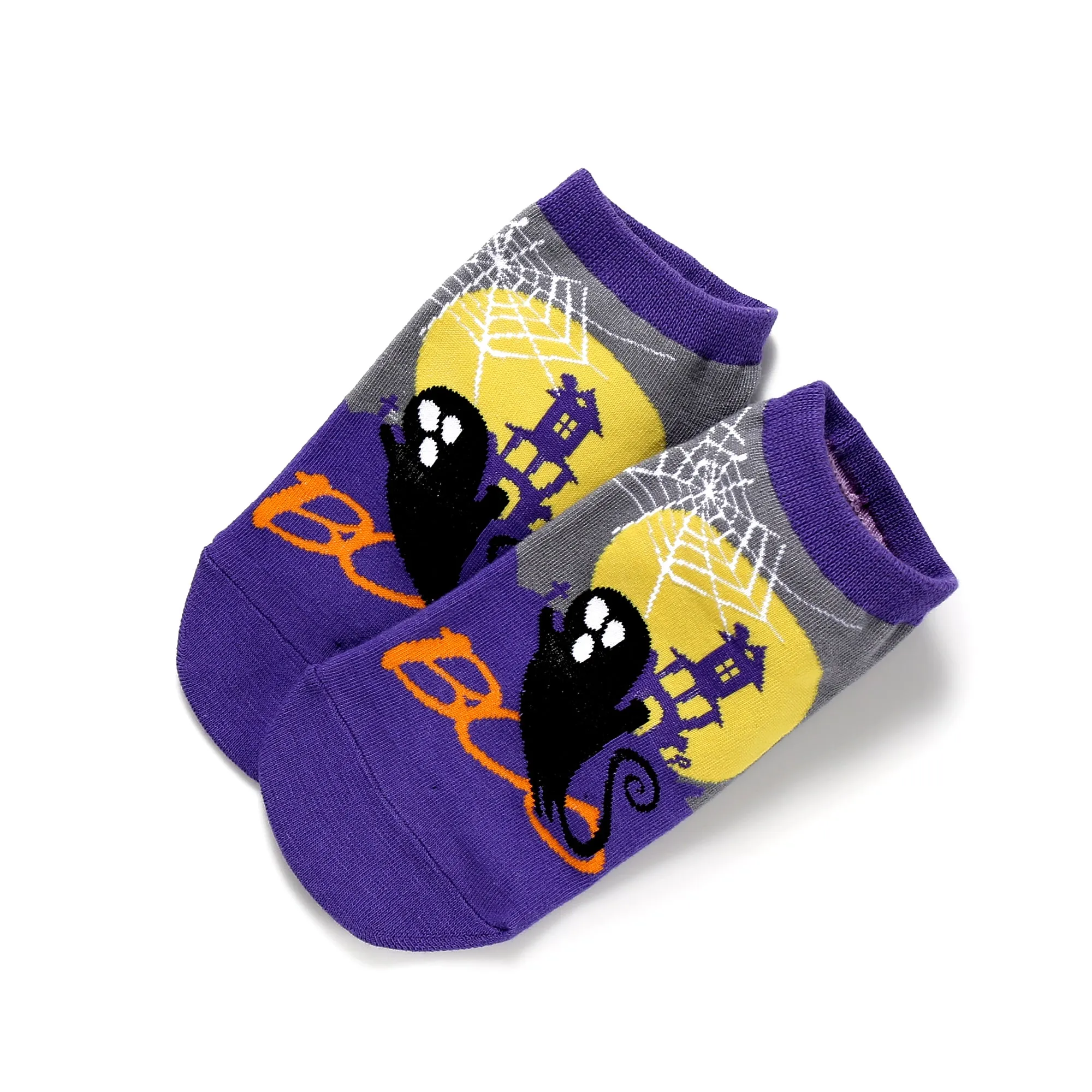 Silly Ghost Boo Hunted House Spider Web Fun Novelty Halloween Cotton lowcut Ankle Socks Women 3-Pairs 9-11 Purple (2310)