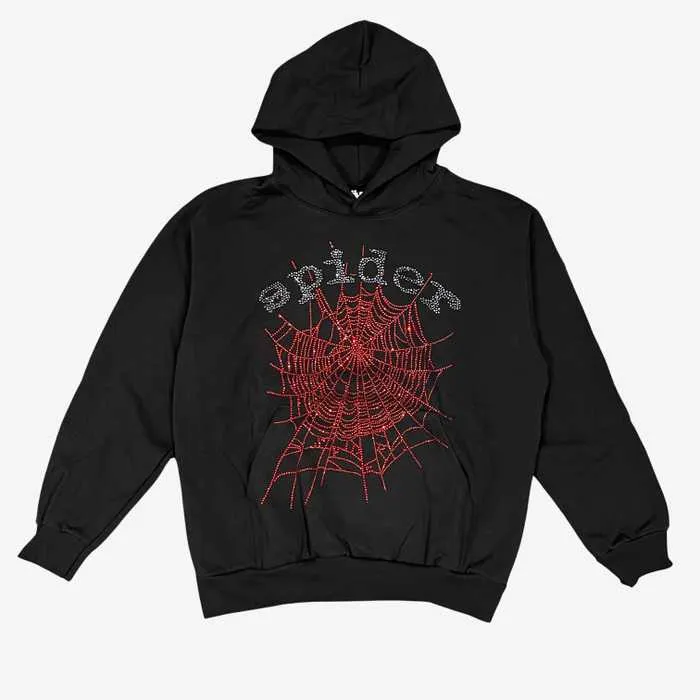 Sp5der - Red Rhinestones Pullover Hoodie - Black