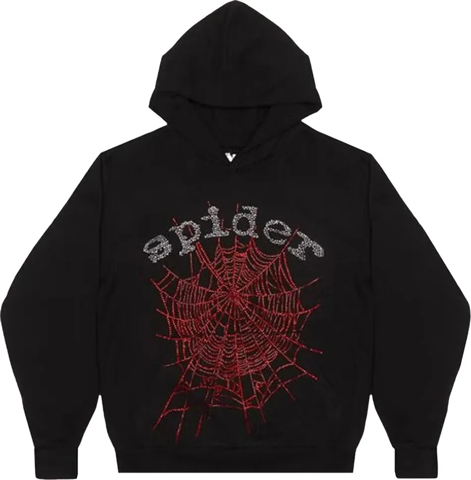 Sp5der - Red Rhinestones Pullover Hoodie - Black