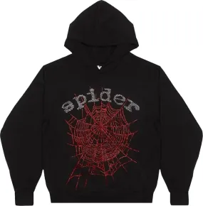 Sp5der - Red Rhinestones Pullover Hoodie - Black