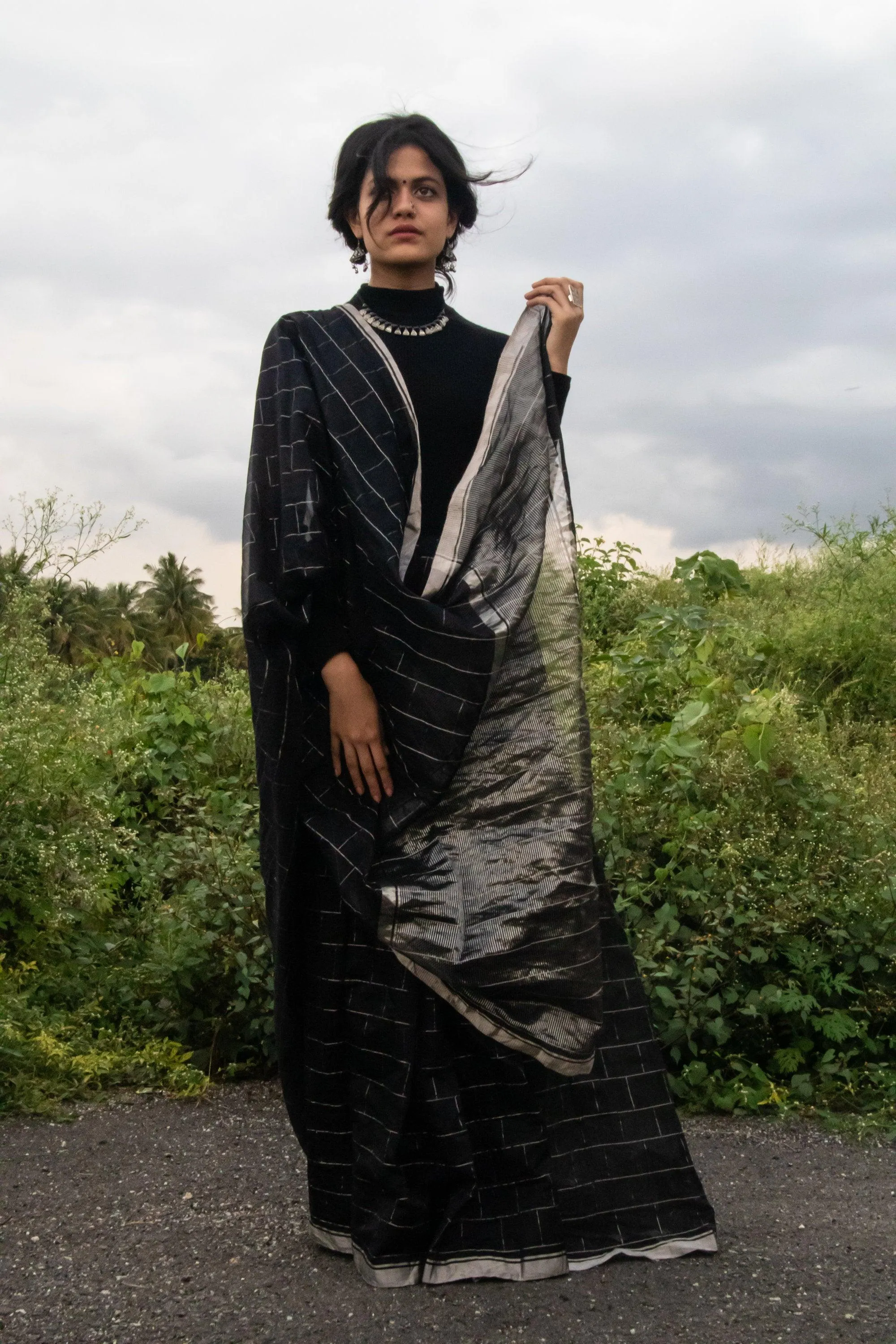 Utsav Black silk cotton silver Zari Chanderi Saree