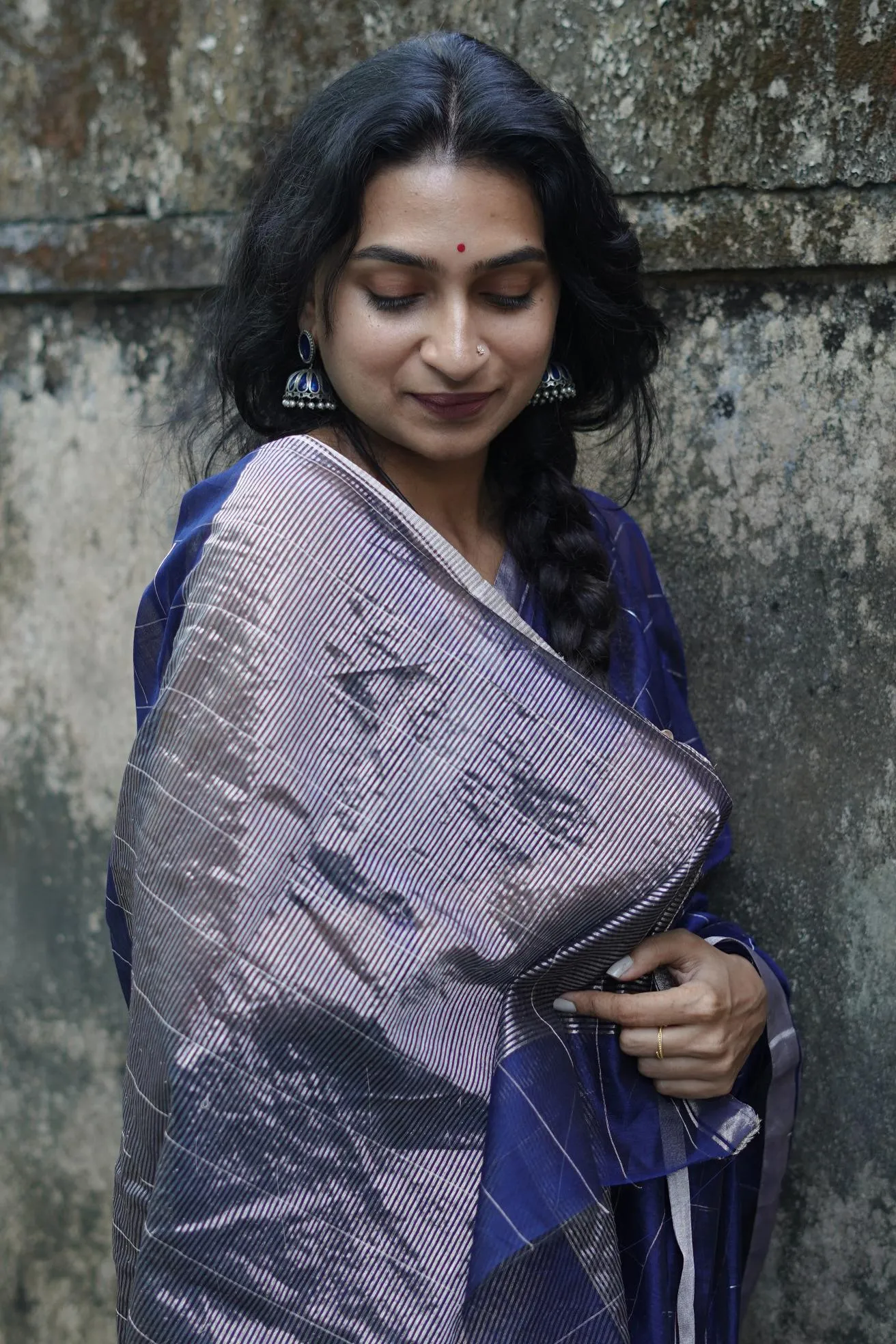 Utsav Navy Blue silk cotton silver Zari Chanderi Saree