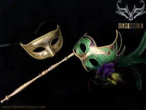 Venetian Couple Feather Masquerade Stick Mask Set Gold