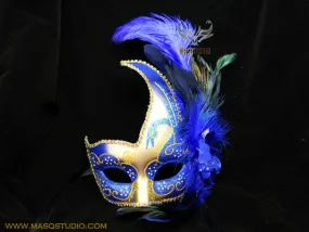 Venetian style side swan Feather Masquerade Ball Mask Blue Gold